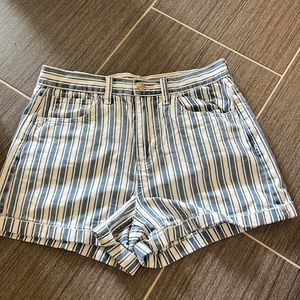 Blue and white striped denim shorts